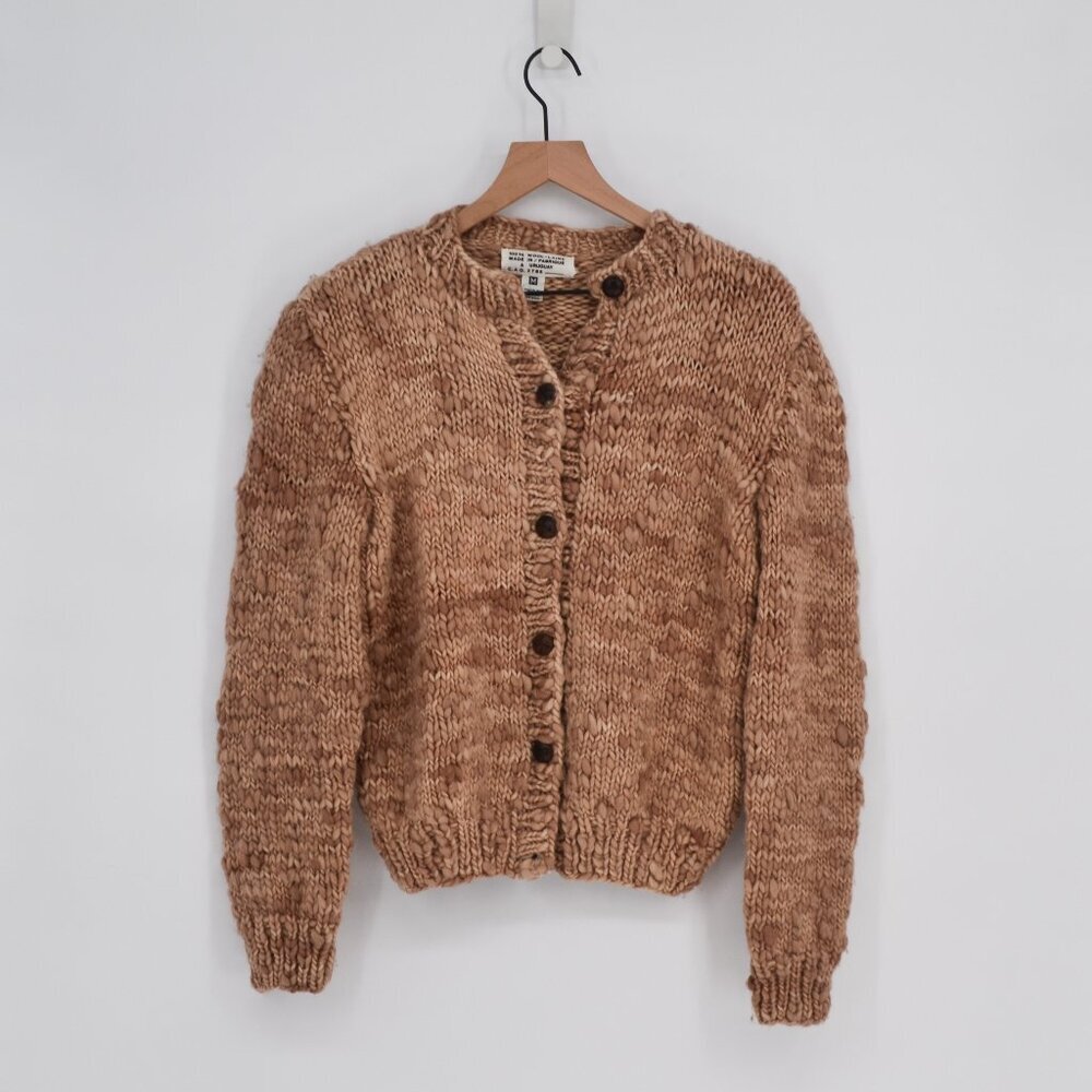 Vintage Chunky Knit Cardigan Sweater Womens M 100% Wool Marled Tan Heavy Knit